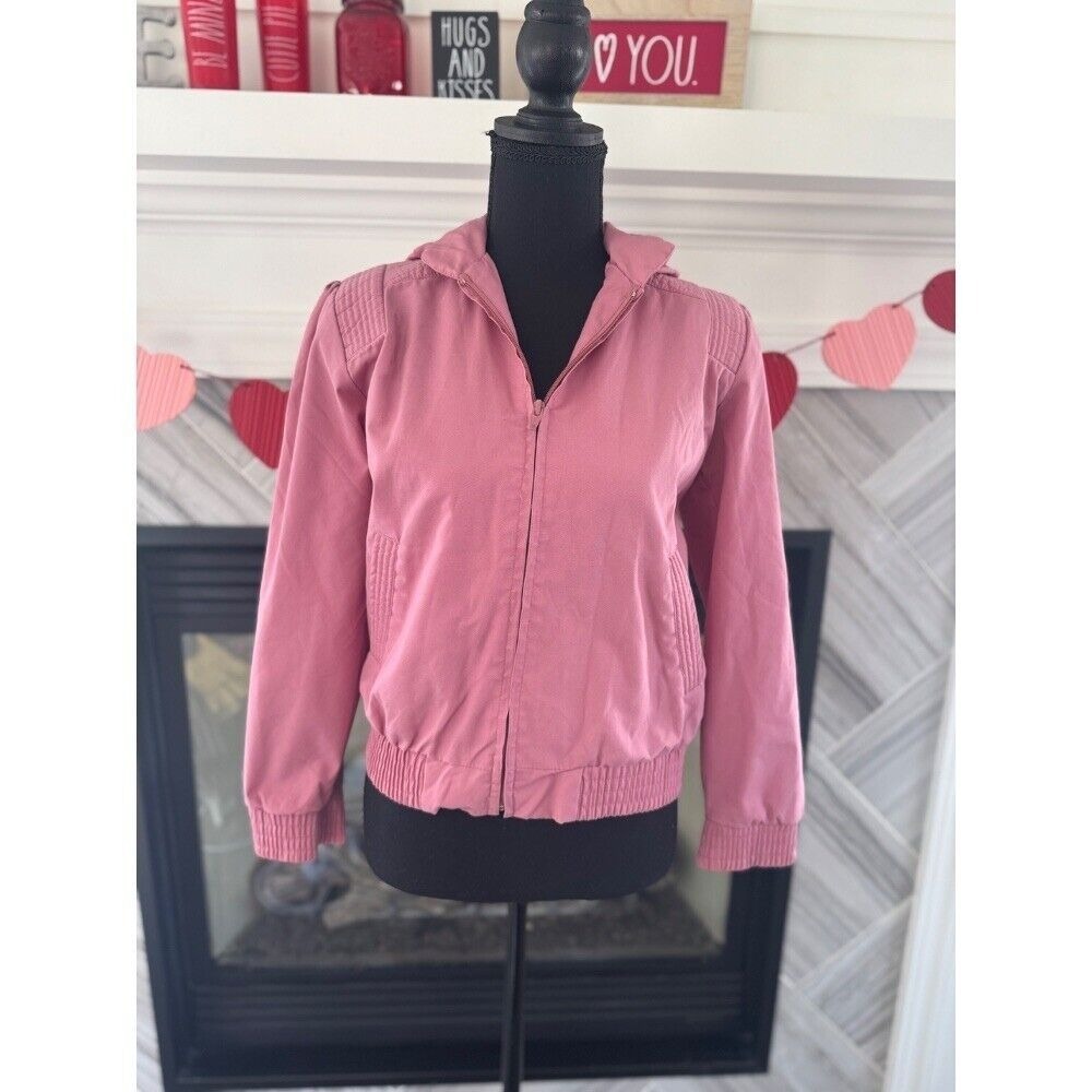 Vintage Pink Bomber Jacket Full Zip Hooded Shoulder Pads Cute‎ Casual size Small